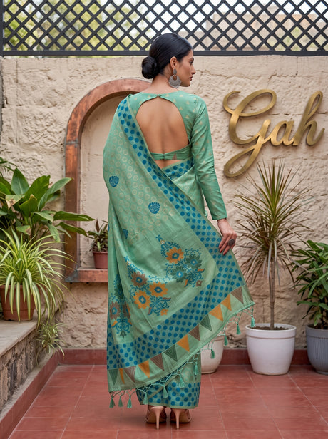 MIMOSA Rama Banarasi Cotton Saree — saree shot pallu body