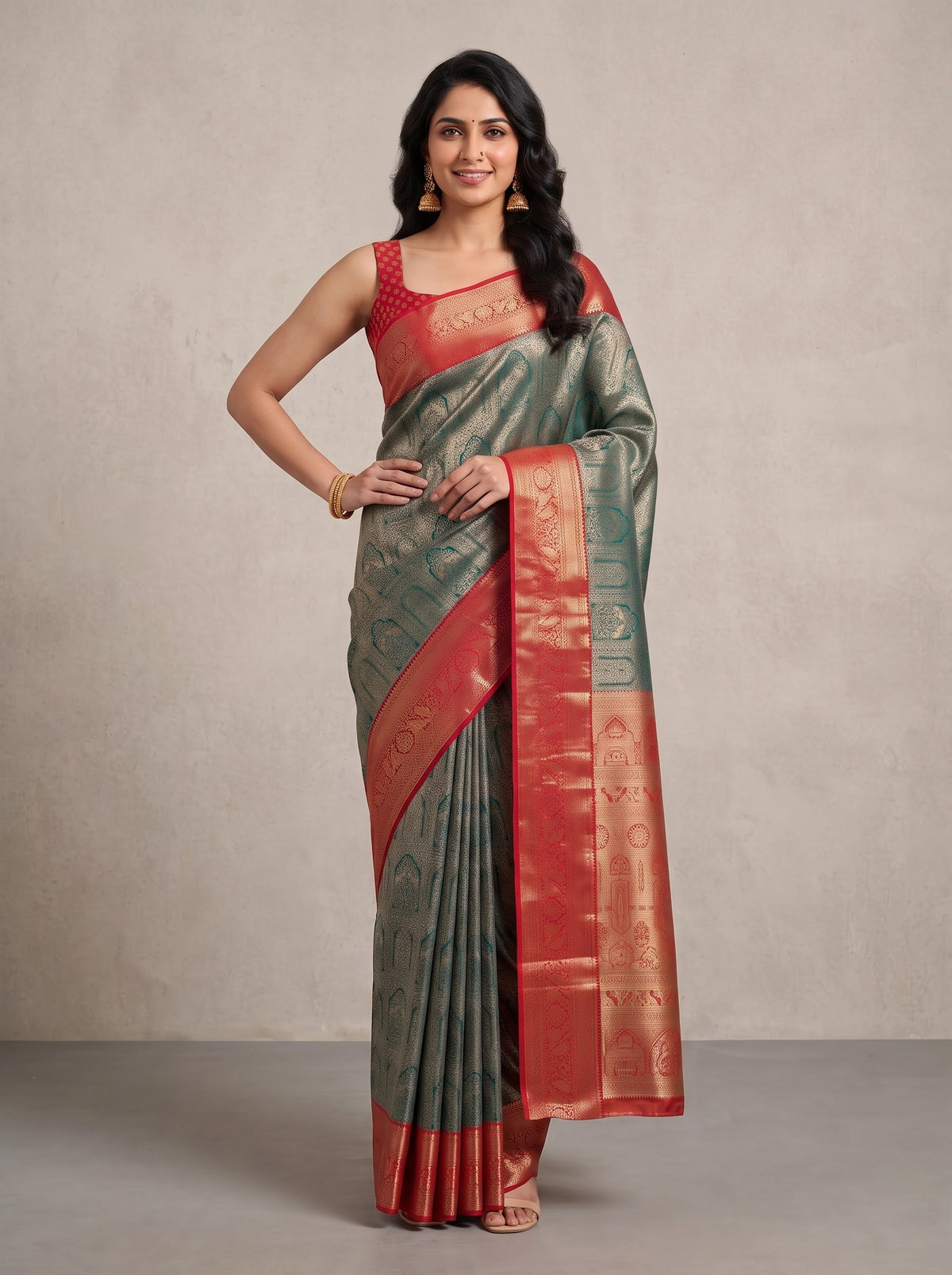 MIMOSA Bottle Green Kanjivaram Saree — pose 4 styling detail