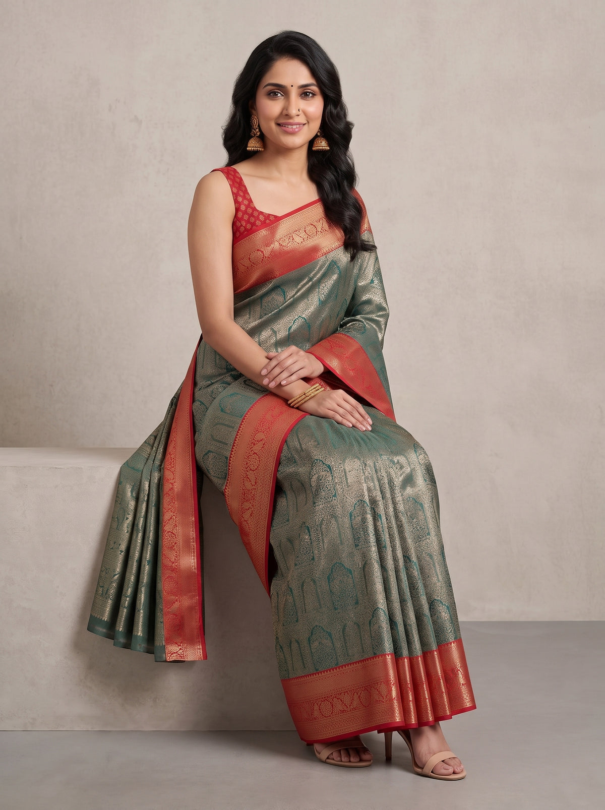 MIMOSA Bottle Green Kanjivaram Saree — pose 8 styling detail