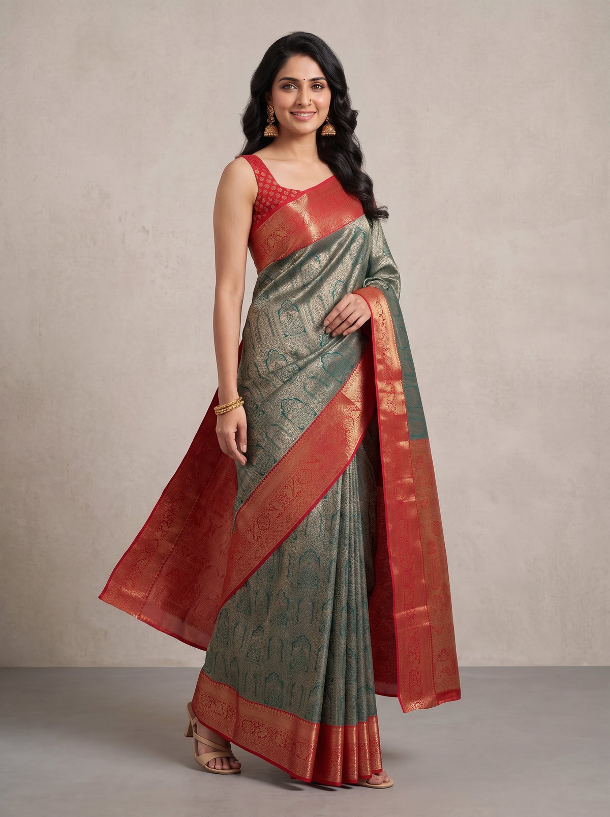 MIMOSA Bottle Green Kanjivaram Saree — pose 9 styling detail