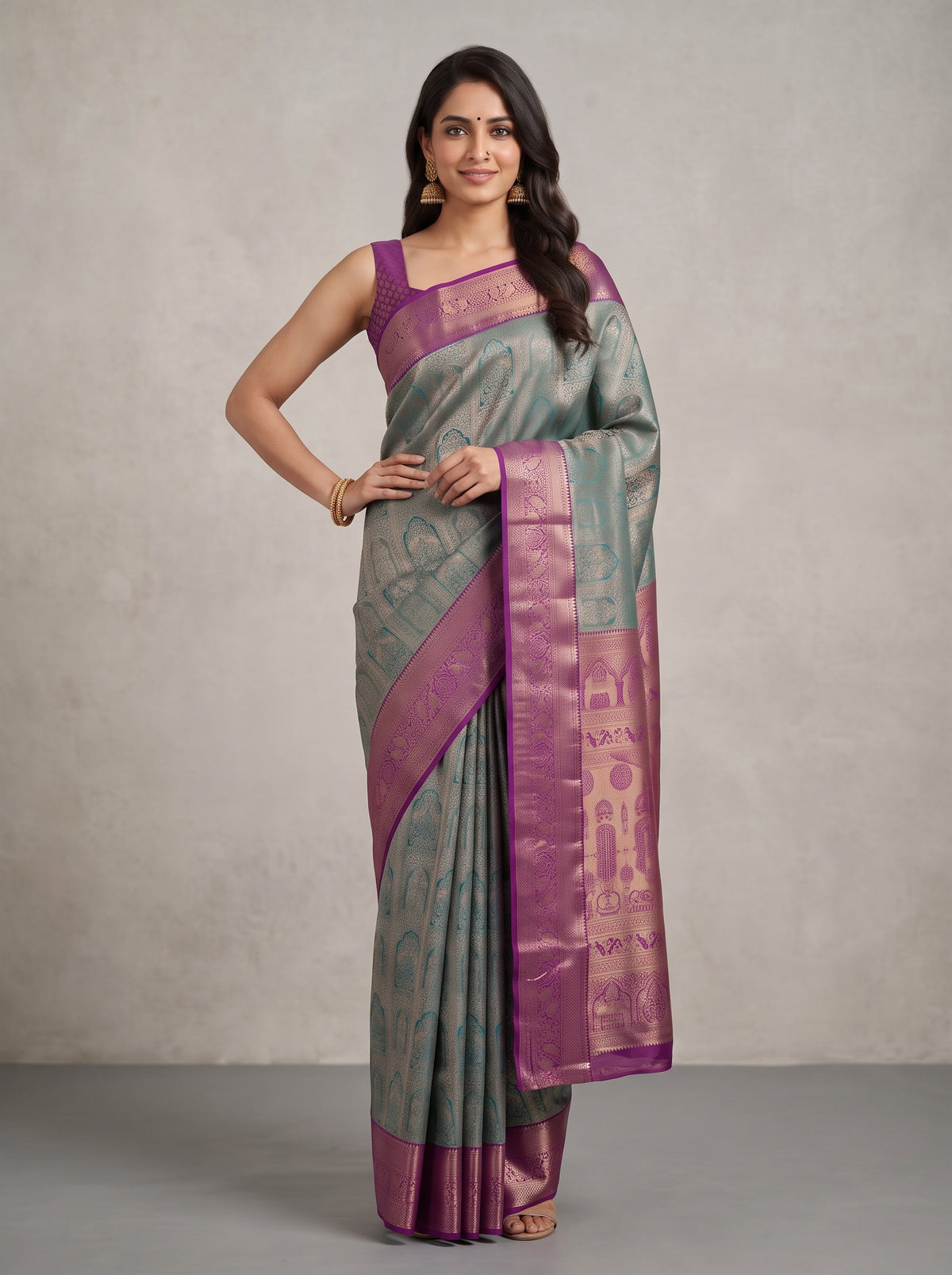 MIMOSA Sapphire Kanjivaram Saree — pose 4 styling detail