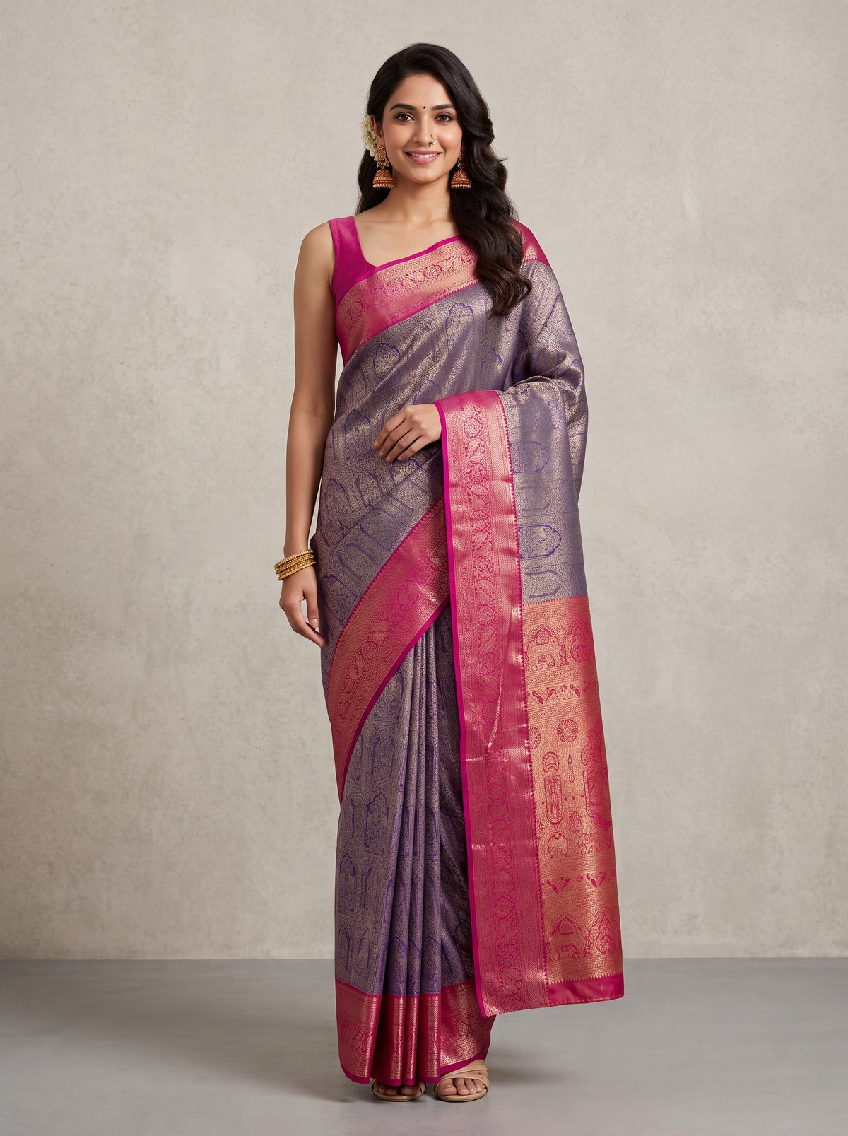 MIMOSA Violet Kanjivaram Art Silk Saree — AI Model lifestyle pose