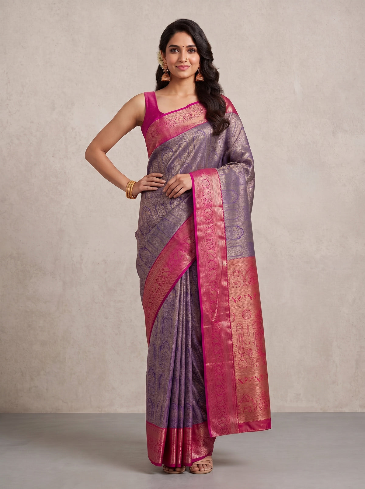 MIMOSA Violet Kanjivaram Saree — pose 4 styling detail
