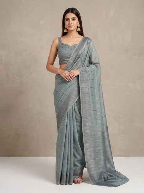 MIMOSA Grey Banarasi Saree — front view on mannequin