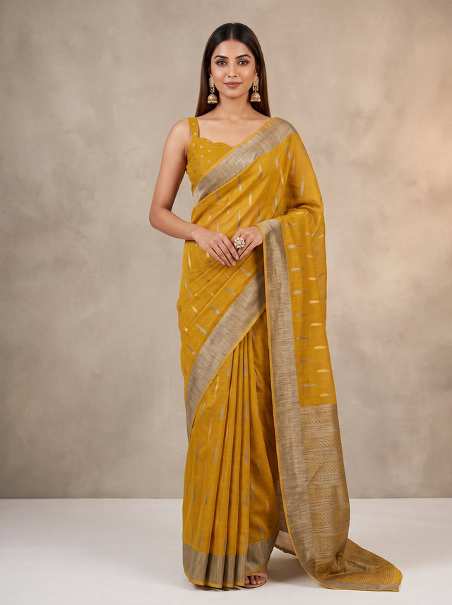 MIMOSA Mustard Banarasi Saree — front view on mannequin