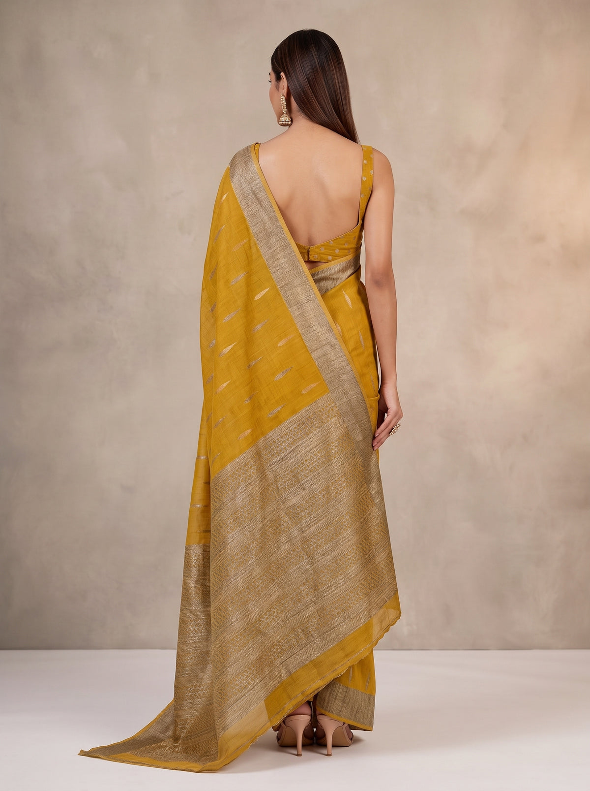 MIMOSA Mustard Banarasi Saree — pose 2 styling detail