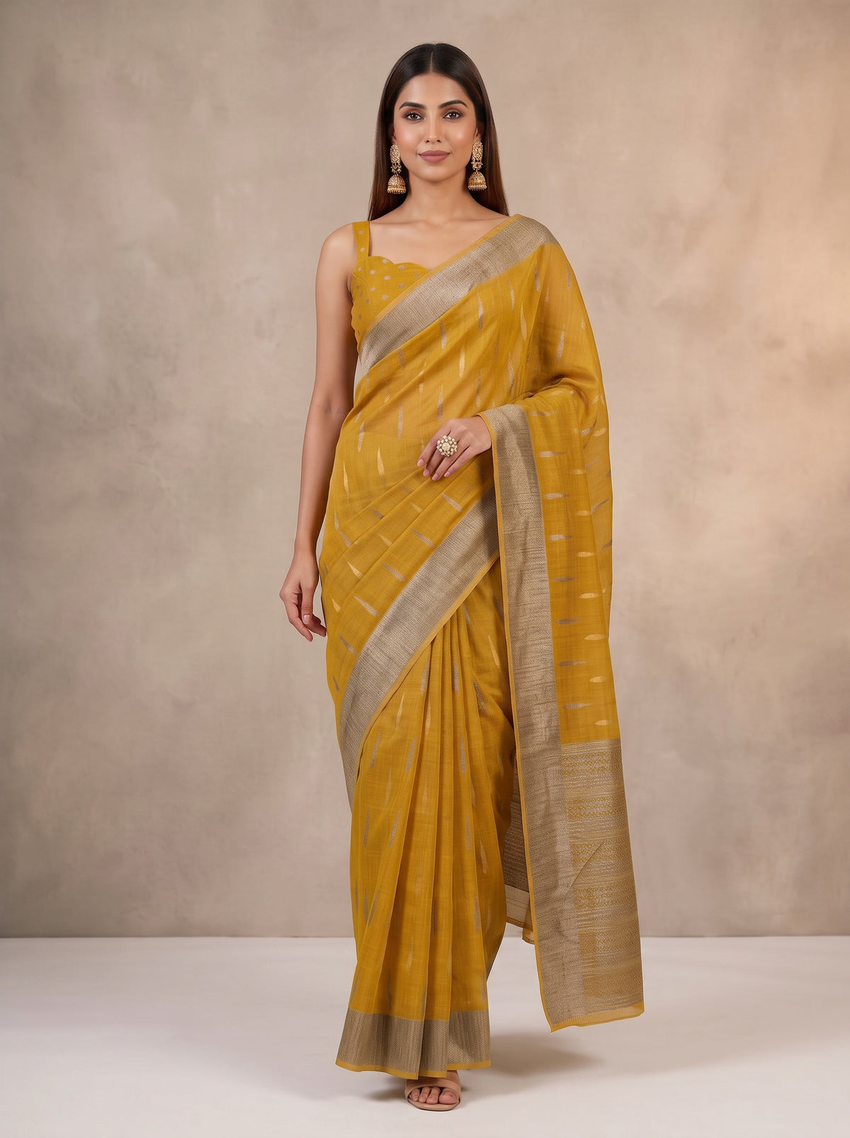 MIMOSA Mustard Banarasi Saree — pose 6 styling detail