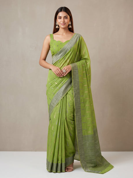 MIMOSA Olive Banarasi Saree — front view on mannequin