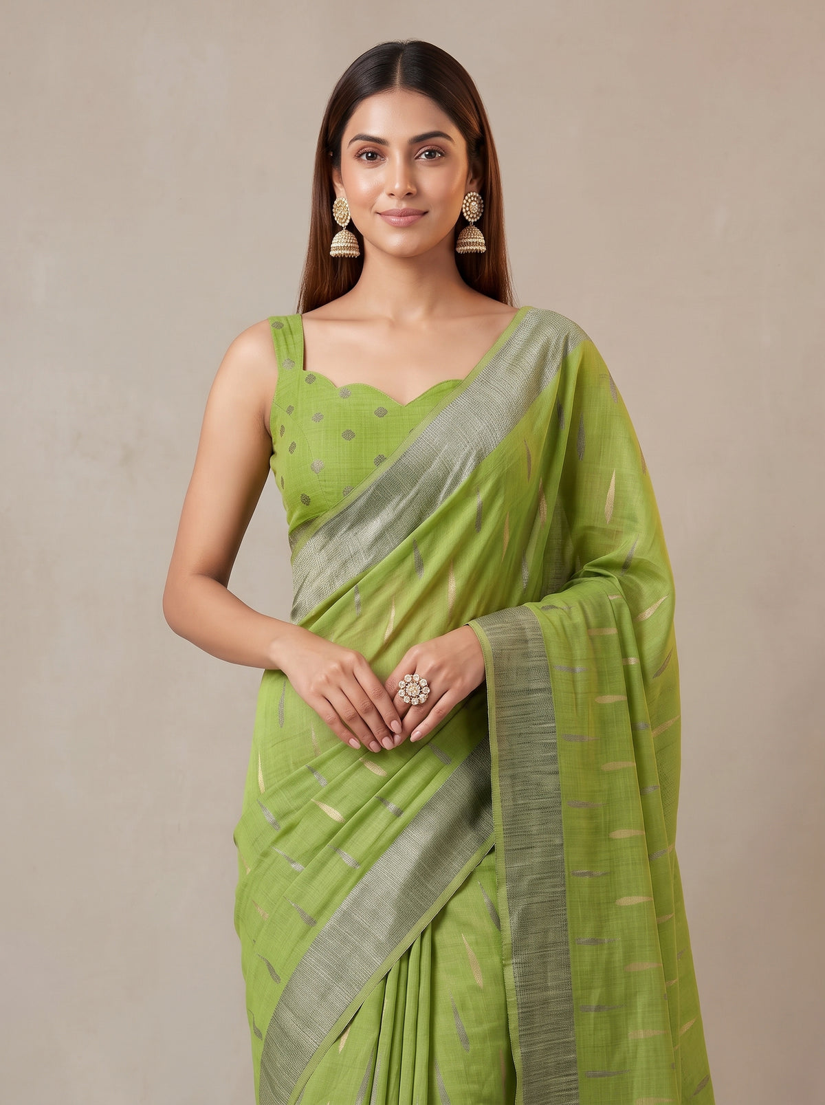 MIMOSA Olive Banarasi Saree — pose 10 styling detail