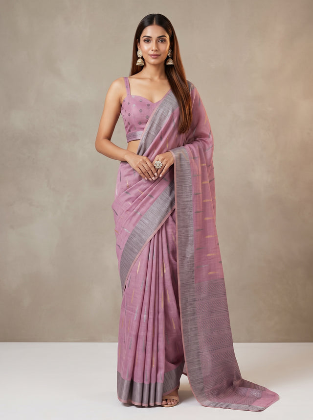 MIMOSA Pink Banarasi Saree — front view on mannequin