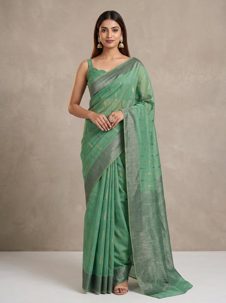MIMOSA Rama Banarasi Saree — front view on mannequin