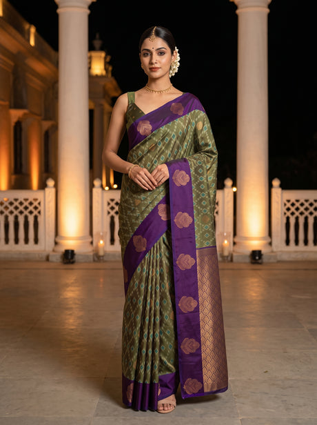 MIMOSA Green Pochampally Saree — front view on mannequin