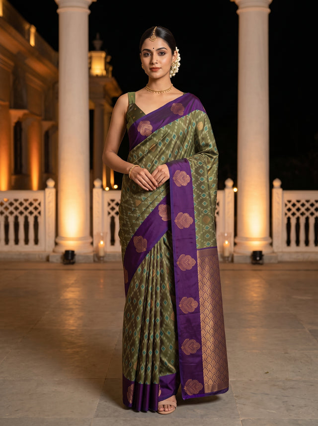 MIMOSA Green Pochampally Saree — front view on mannequin