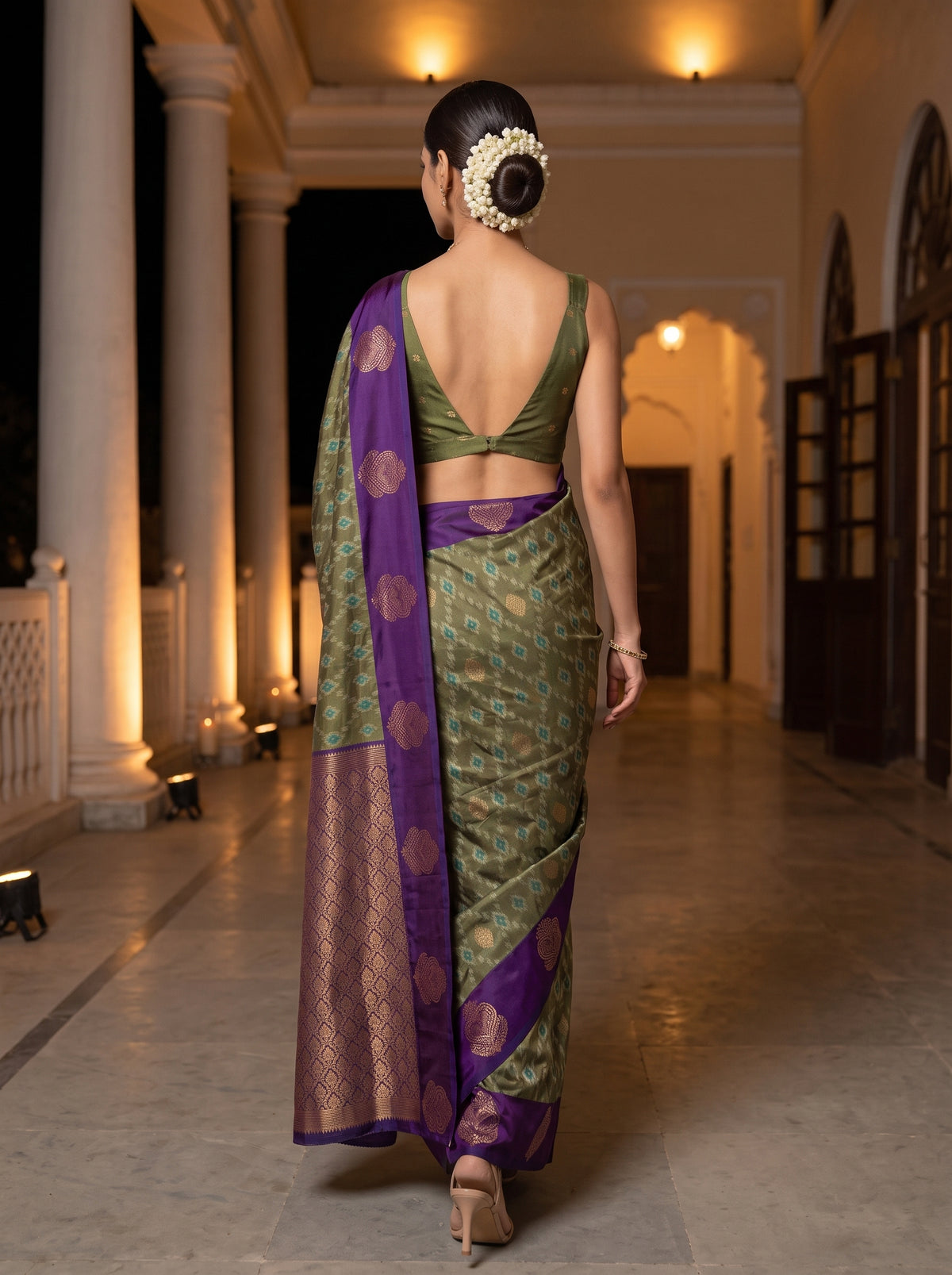 MIMOSA Green Pochampally Saree — pose 2 styling detail