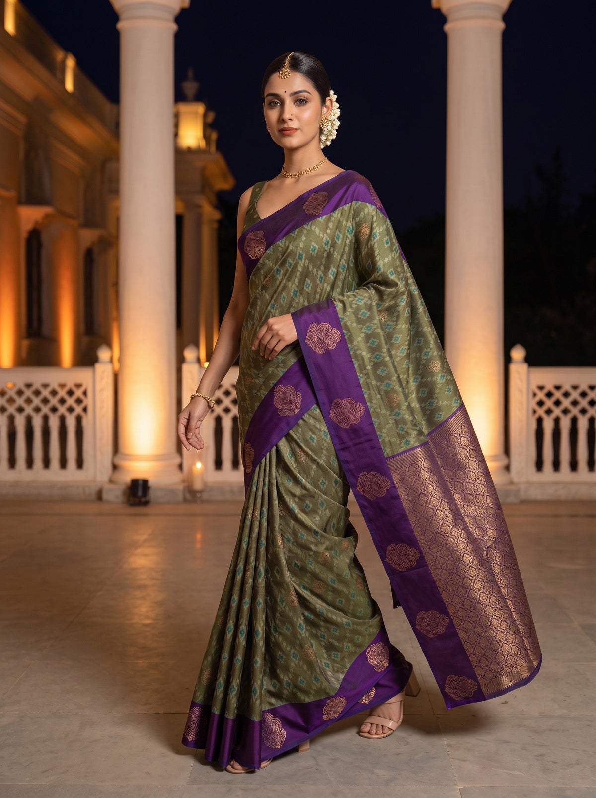 MIMOSA Green Pochampally Saree — pose 6 styling detail