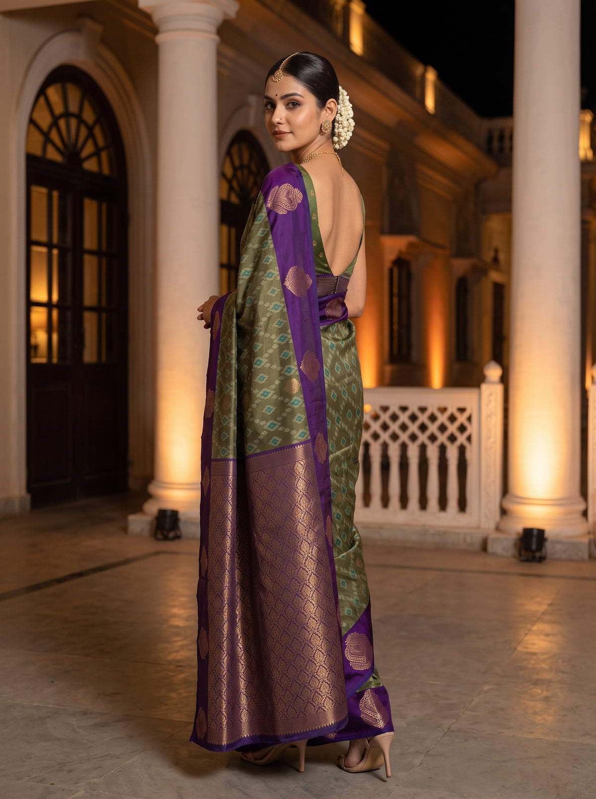 MIMOSA Green Pochampally Saree — pose 7 styling detail