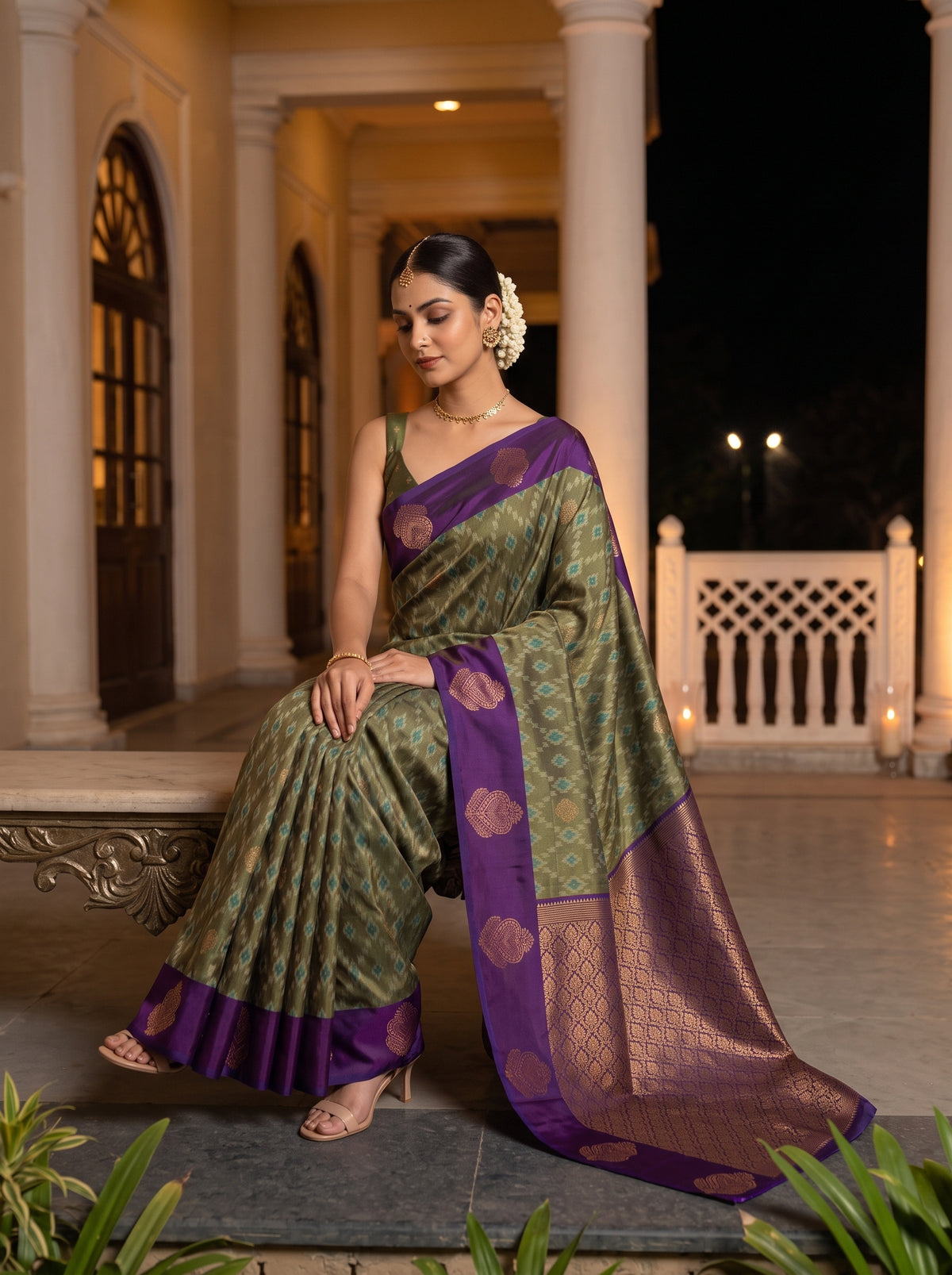 MIMOSA Green Pochampally Saree — pose 8 styling detail