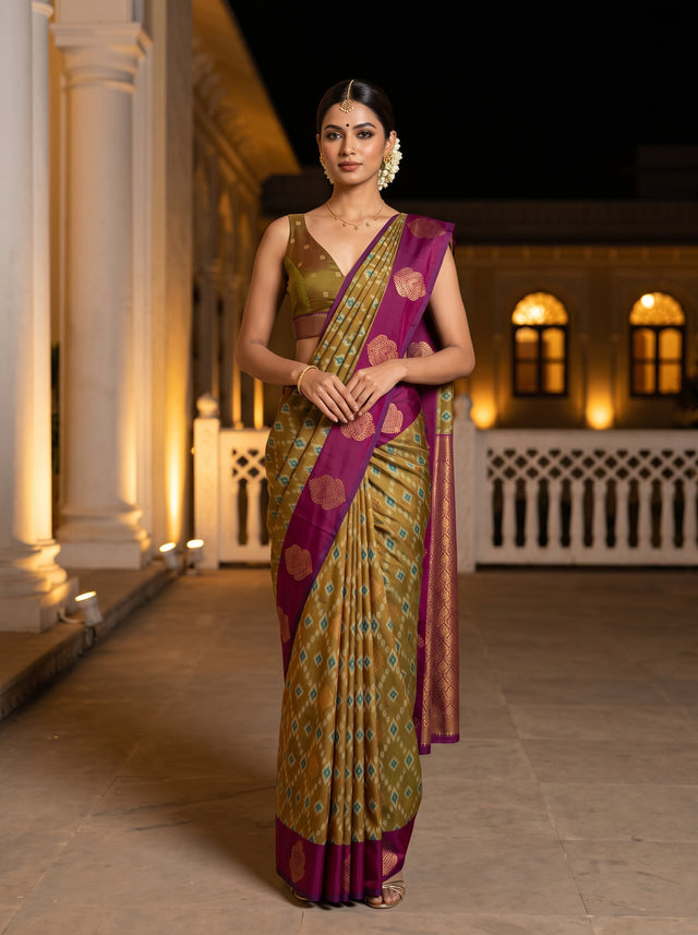 MIMOSA Mustard Pochampally Saree — front view on mannequin