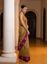 MIMOSA Mustard Pochampally Saree — pose 3 styling detail