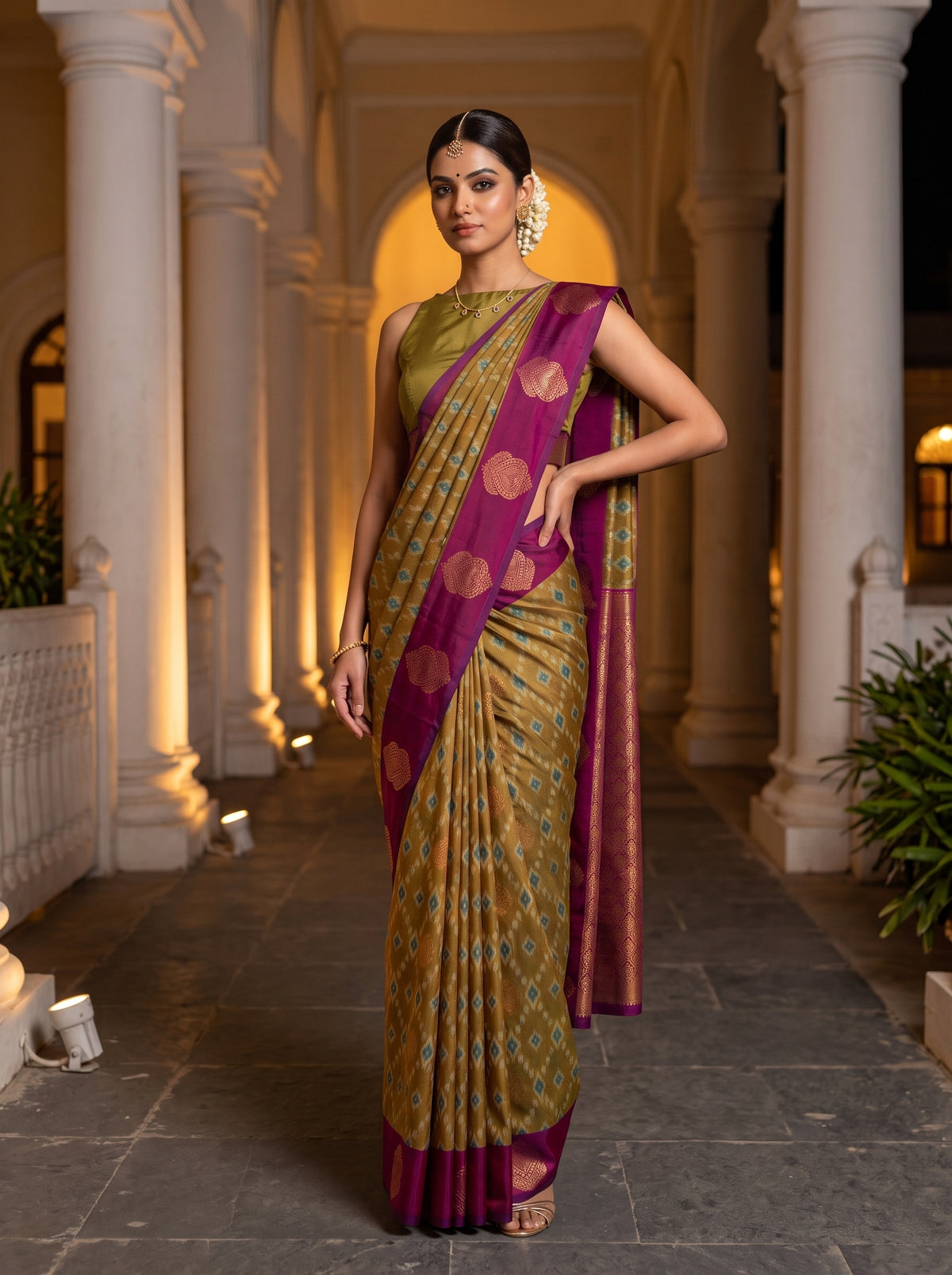 MIMOSA Mustard Pochampally Saree — pose 4 styling detail