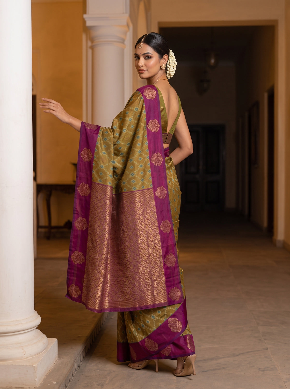 MIMOSA Mustard Pochampally Saree — pose 9 styling detail