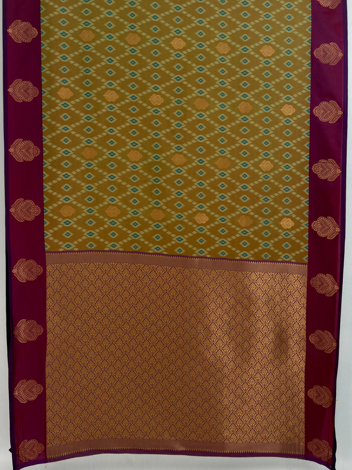 MIMOSA Mustard Pochampally Saree — pallu and zari work detail