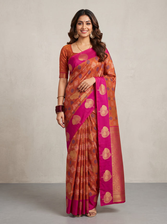 MIMOSA Rani Pochampally Art Silk Saree — AI Model lifestyle pose