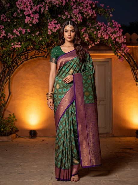 MIMOSA Green Pochampally Art Silk Saree — AI model lifestyle pose