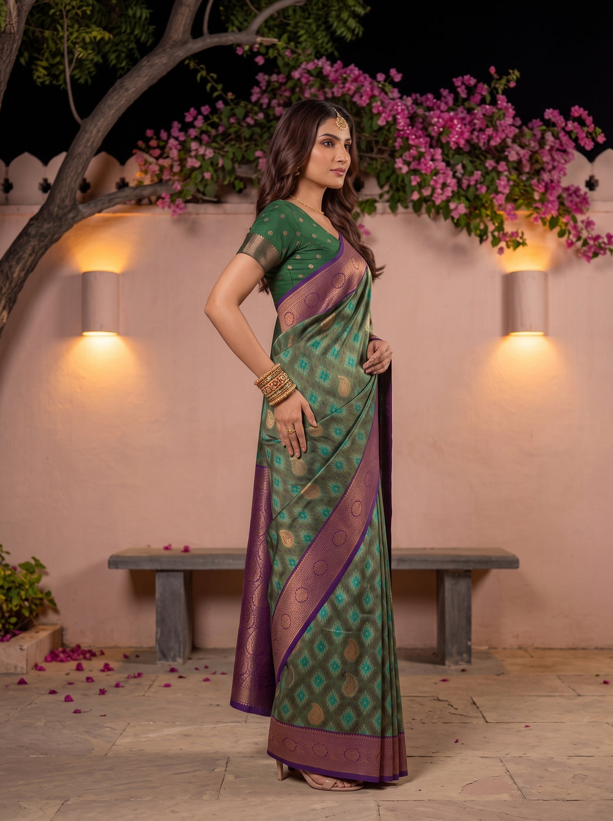 MIMOSA Green Pochampally Saree — pose 3 styling detail