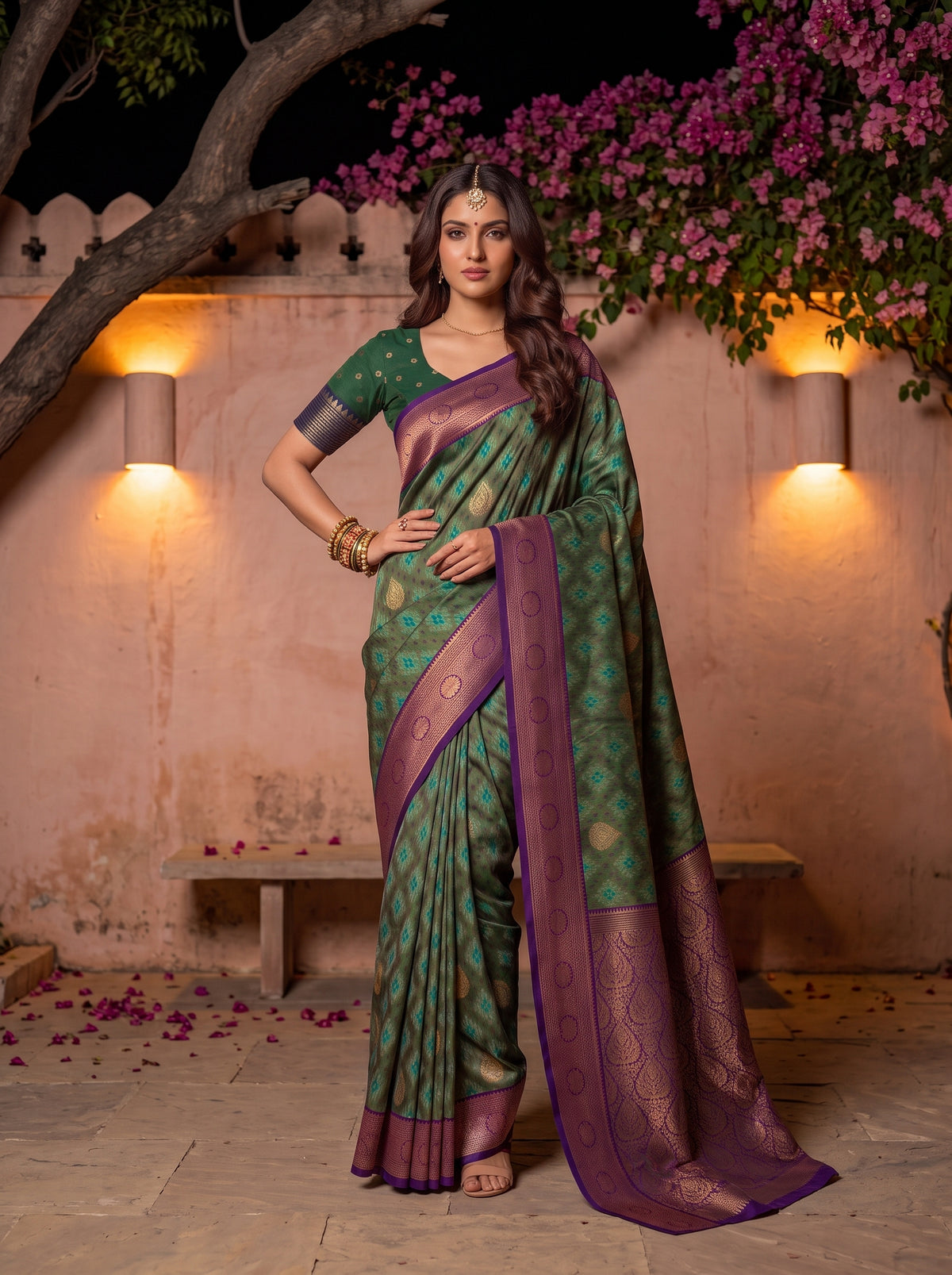 MIMOSA Green Pochampally Saree — pose 4 styling detail