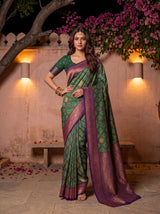 MIMOSA Green Pochampally Saree — pose 4 styling detail