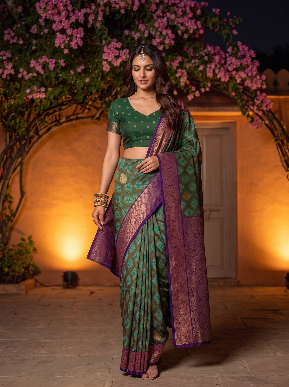 MIMOSA Green Pochampally Saree — pose 6 styling detail