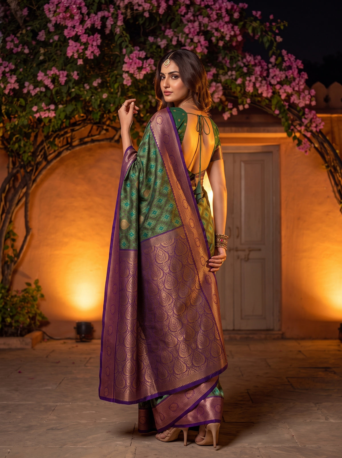 MIMOSA Green Pochampally Saree — pose 7 styling detail
