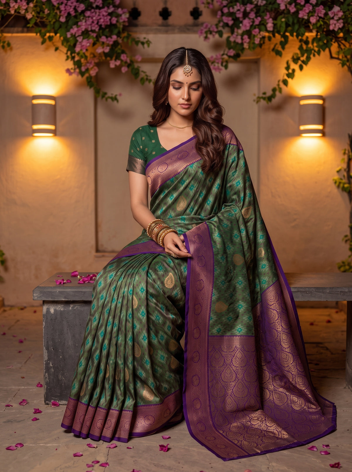 MIMOSA Green Pochampally Saree — pose 8 styling detail