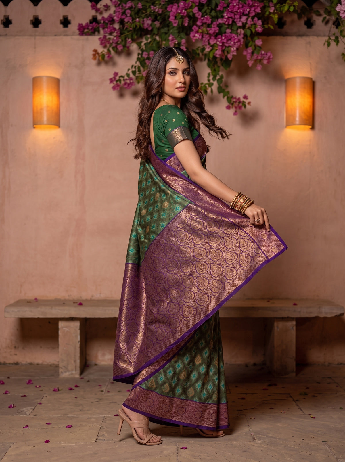 MIMOSA Green Pochampally Saree — pose 9 styling detail