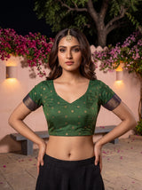MIMOSA Green Pochampally Saree — blouse close-up