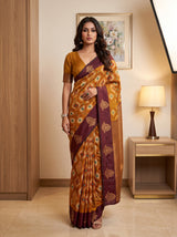 MIMOSA Mustard Pochampally Saree — front view on mannequin