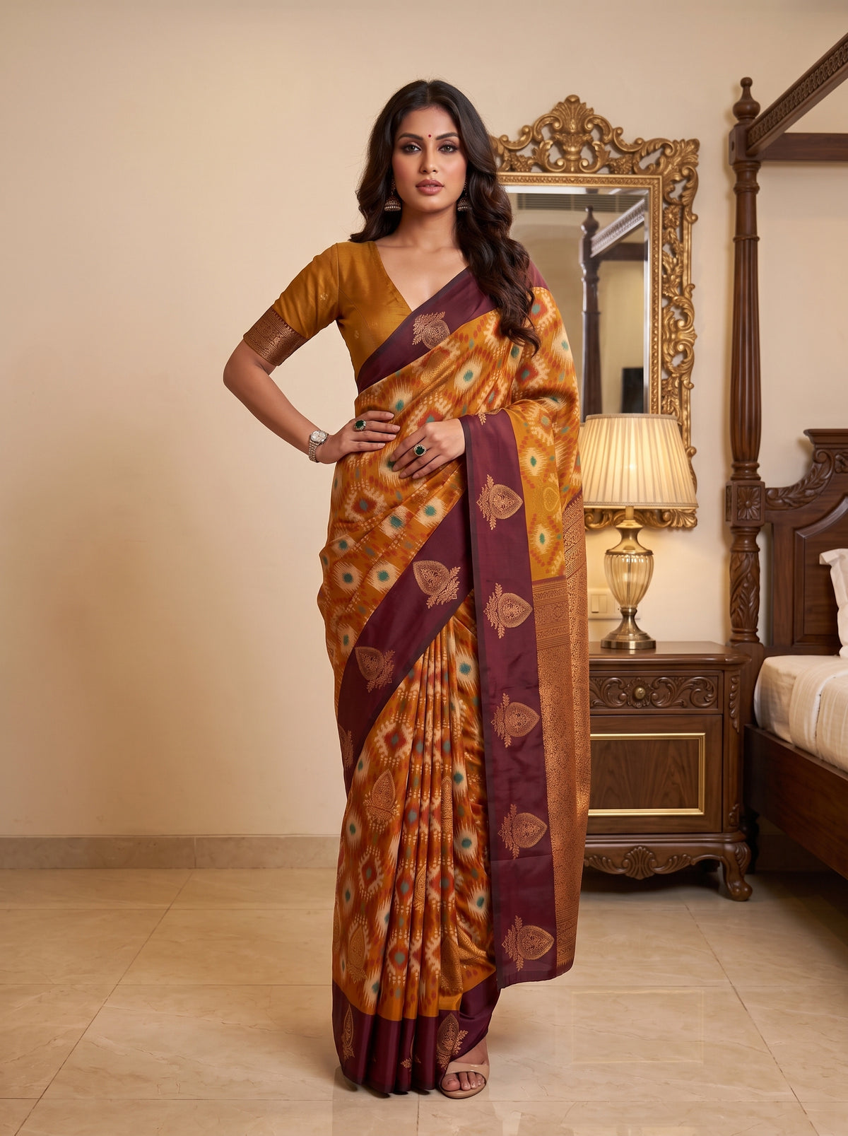 MIMOSA Mustard Pochampally Saree — pose 4 styling detail