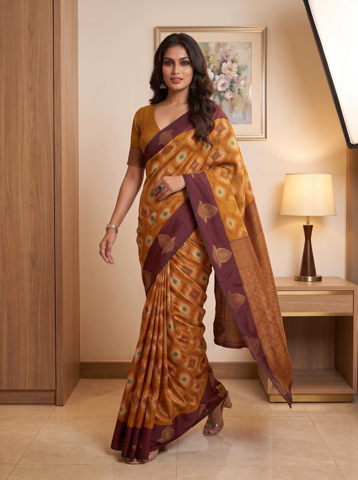MIMOSA Mustard Pochampally Saree — pose 6 styling detail