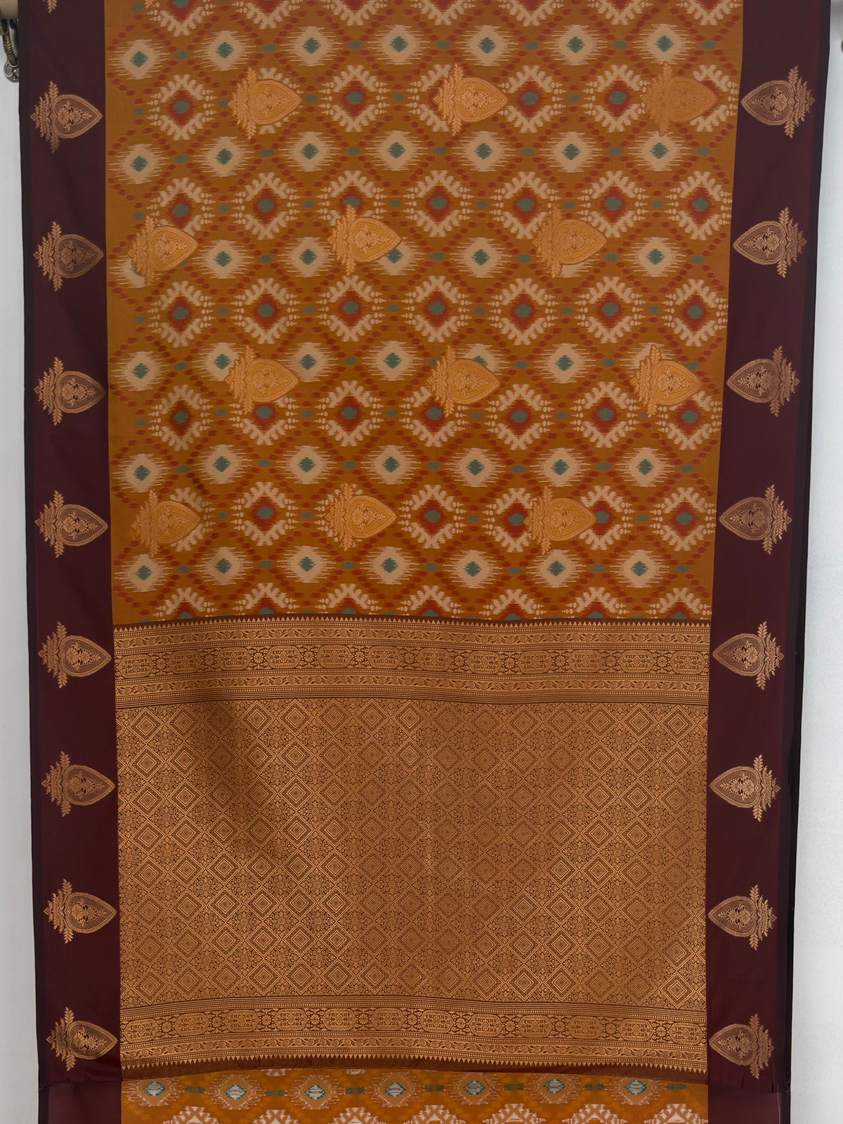 MIMOSA Mustard Pochampally Saree — pallu and zari work detail