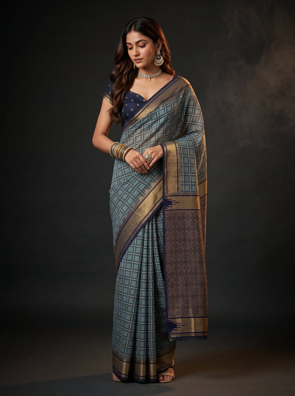 MIMOSA Grey Banarasi Saree — front view on mannequin