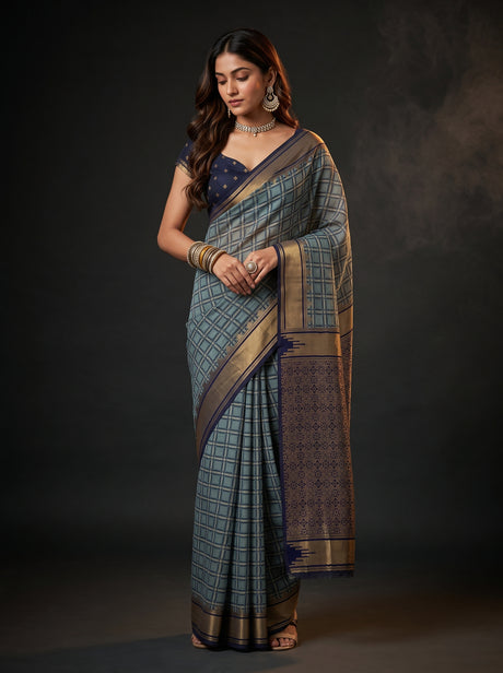 MIMOSA Grey Banarasi Saree — front view on mannequin