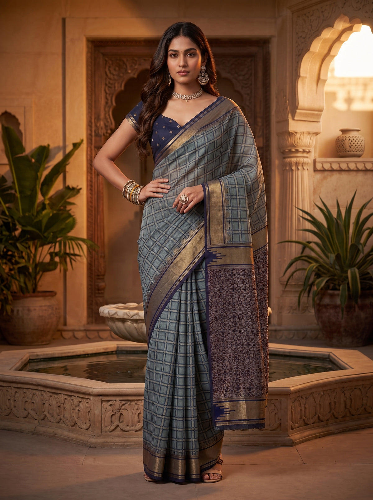 MIMOSA Grey Banarasi Saree — pose 4 styling detail