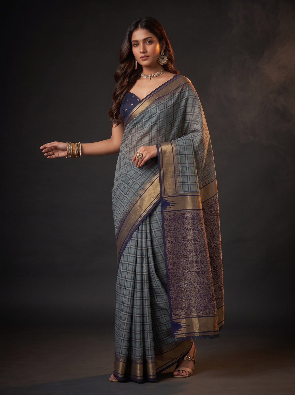 MIMOSA Grey Banarasi Saree — pose 9 styling detail