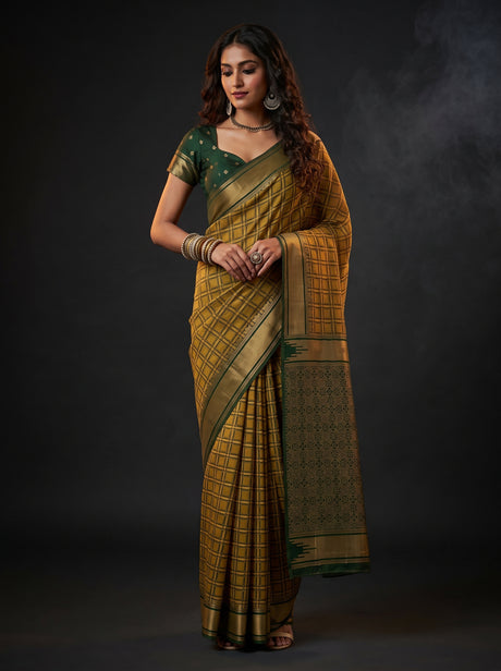 MIMOSA Mustard Banarasi Saree — front view on mannequin