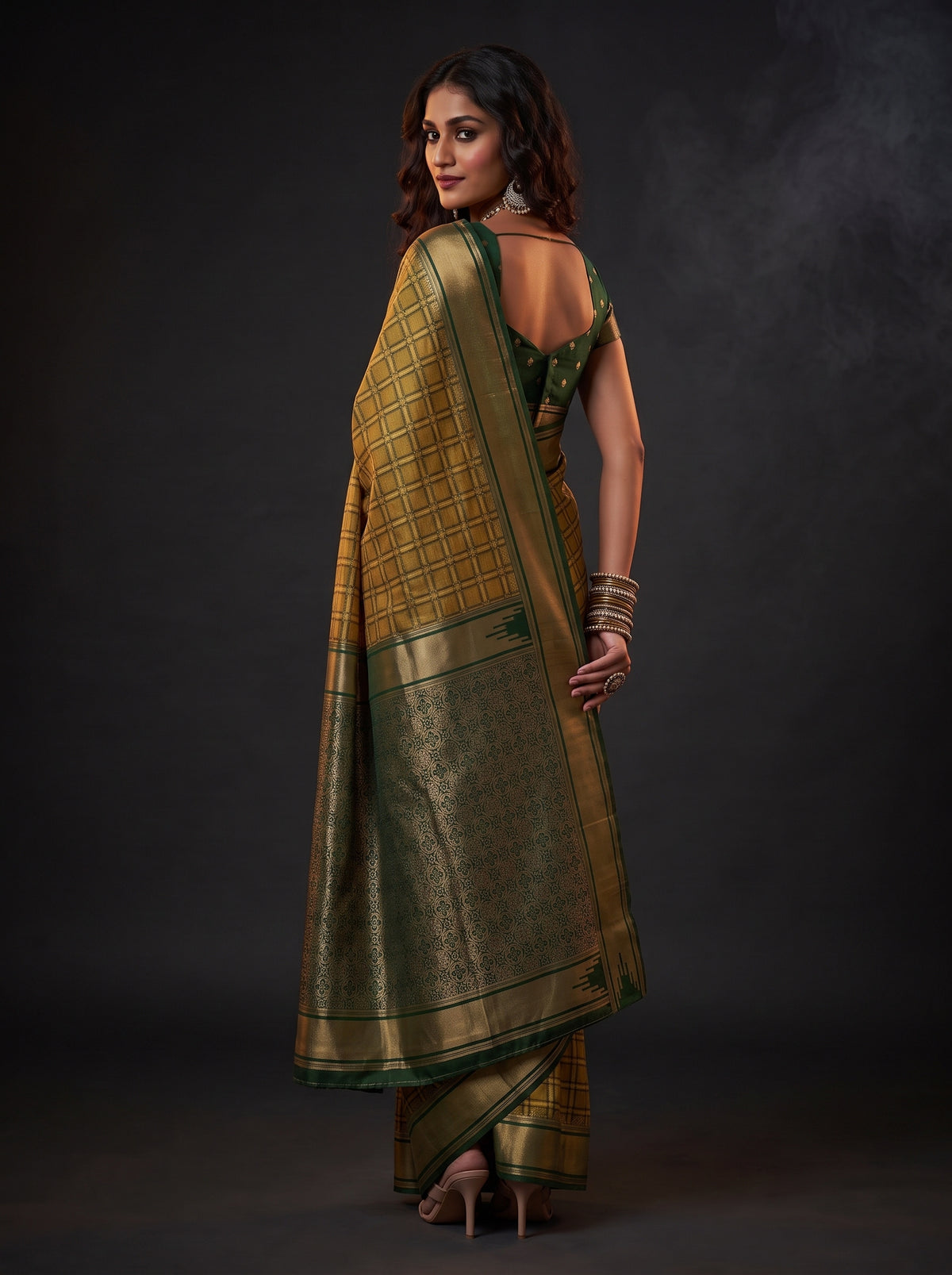 MIMOSA Mustard Banarasi Saree — pose 2 styling detail