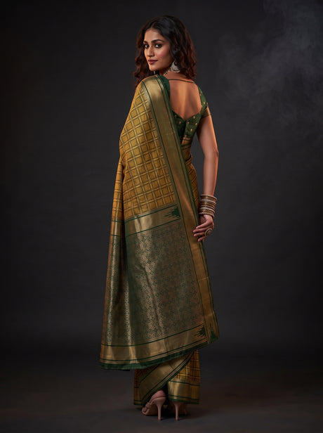 MIMOSA Mustard Banarasi Saree — pose 2 styling detail