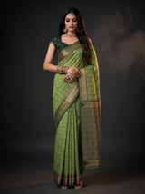 MIMOSA Olive Banarasi Saree — front view on mannequin