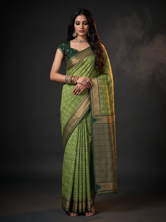 MIMOSA Olive Banarasi Saree — front view on mannequin