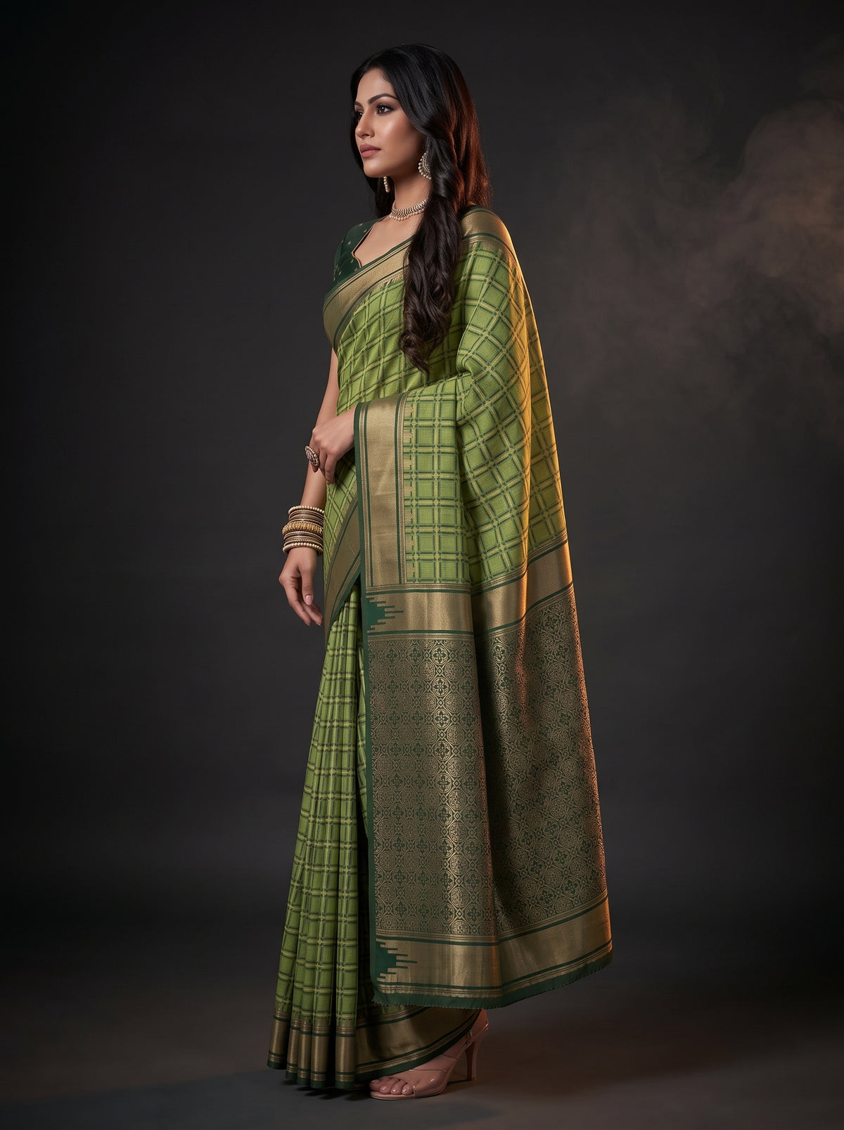 MIMOSA Olive Banarasi Saree — pose 3 styling detail